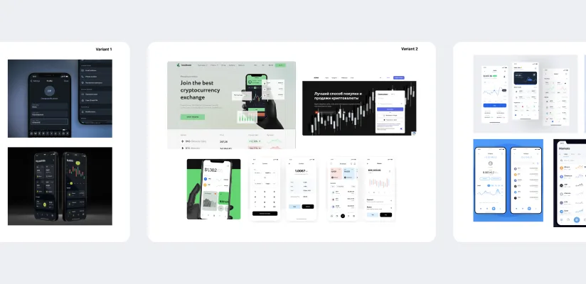 Moodboard comparing several light and dark cryptocurrency interface directions.