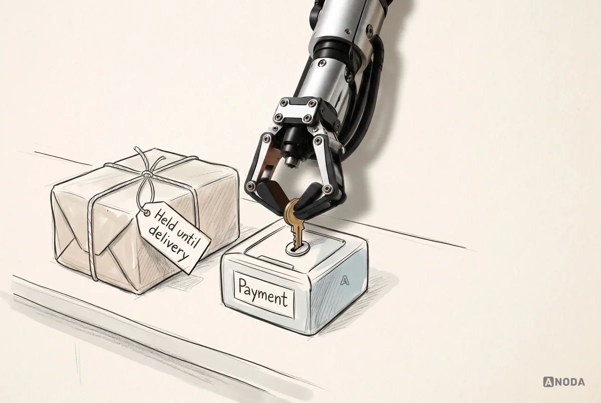 A steel robotic hand turns a real brass key in a drawn lockbox labelled ‘Payment’, beside a wrapped parcel tagged ‘Held until delivery’.