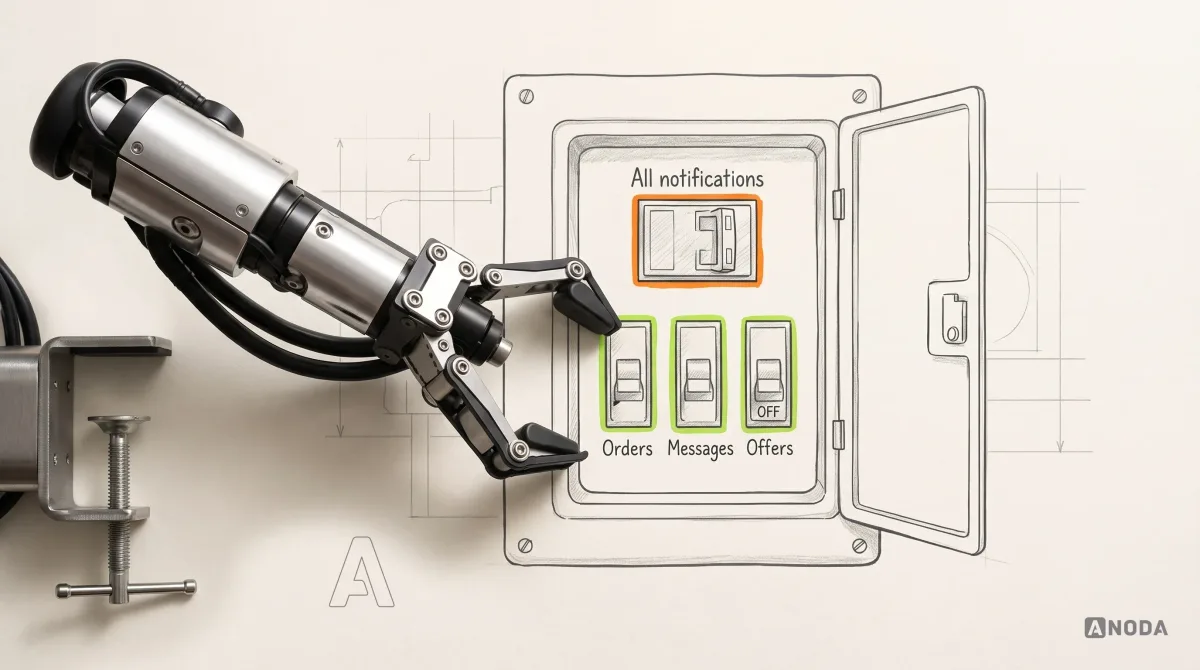 Mixed-media illustration: a drawn fuse box on paper with one big master breaker labelled “All notifications” outlined in orange, and three small lime-outlined breakers labelled “Orders”, “Messages” and “Offers”; a real steel arm clamped to the table reaches into the box, where only the “Offers” breaker reads “OFF”.