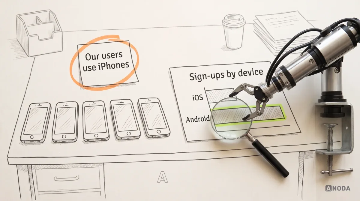 Mixed-media illustration: five identical drawn phones sit in a row on an office desk under an orange-circled sticky note reading “Our users use iPhones”, while a real steel robotic arm, clamped to the table edge, holds a magnifying glass over a drawn chart “Sign-ups by device” where the Android bar is the longest one, outlined in lime.