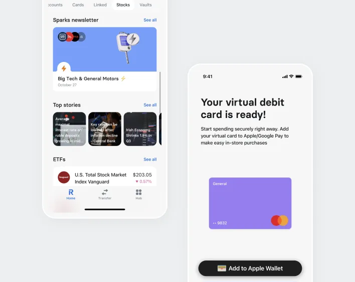 Virtual debit card app displayed on an iPhone, showcasing its user-friendly interface and digital banking features.