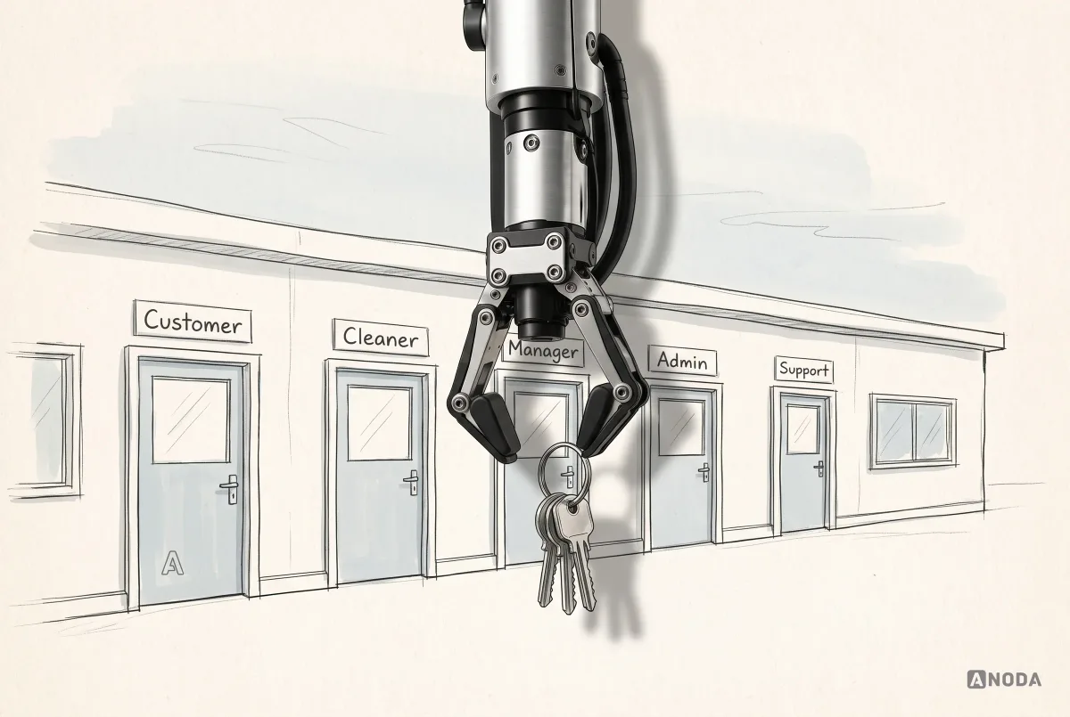 A steel robotic hand holds a real ring of keys in front of a drawn building with five doors labelled Customer, Cleaner, Manager, Admin and Support.