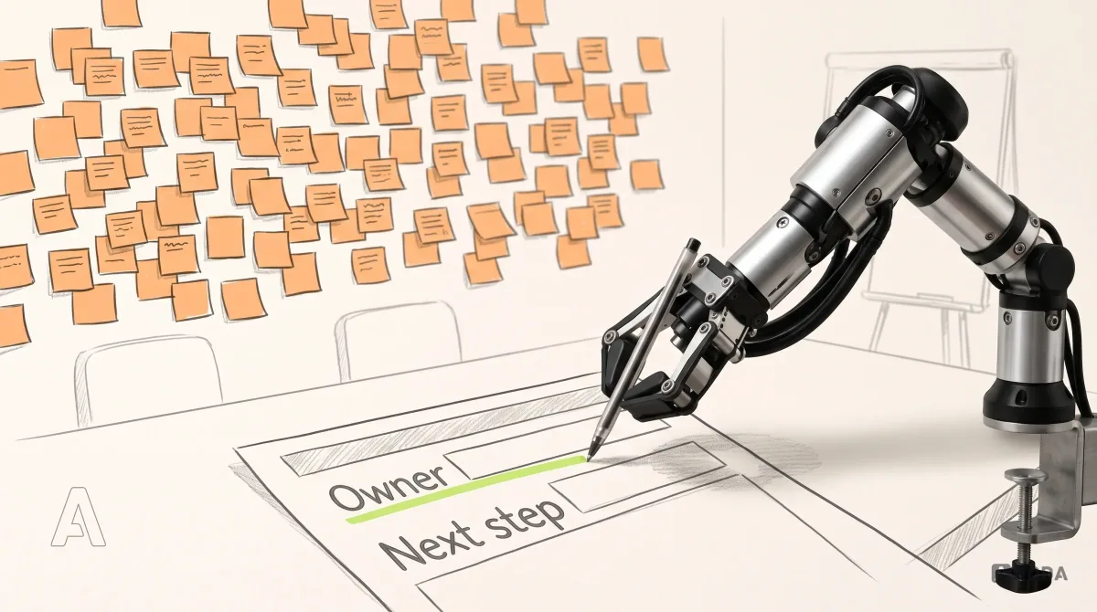 Mixed-media illustration: a drawn meeting-room wall covered edge to edge with orange sticky notes, and under it a drawn form with two empty lines labelled “Owner” and “Next step”, while a real steel arm entering from the right on a table clamp holds a real pen to the empty “Owner” line.