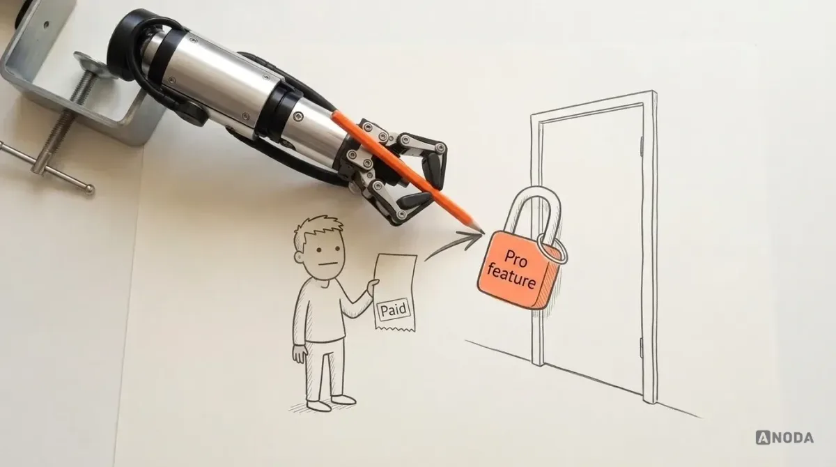 Mixed-media illustration: a small drawn user holds a receipt marked “Paid” in front of a door with an orange padlock labelled “Pro feature”, while a real steel arm holding an orange pencil draws the missing arrow from the receipt to the padlock.