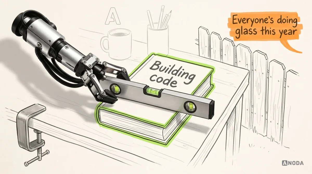 Mixed-media illustration: a drawn thick book labelled “Building code” lies on a desk beside a drawn garden fence with an orange speech bubble reading “Everyone’s doing glass this year”; a real steel arm on a table clamp lays a real spirit level across the book.