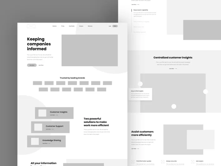 Website design featuring a clean white background, illustrating wireframe structure and its significance in the design process.
