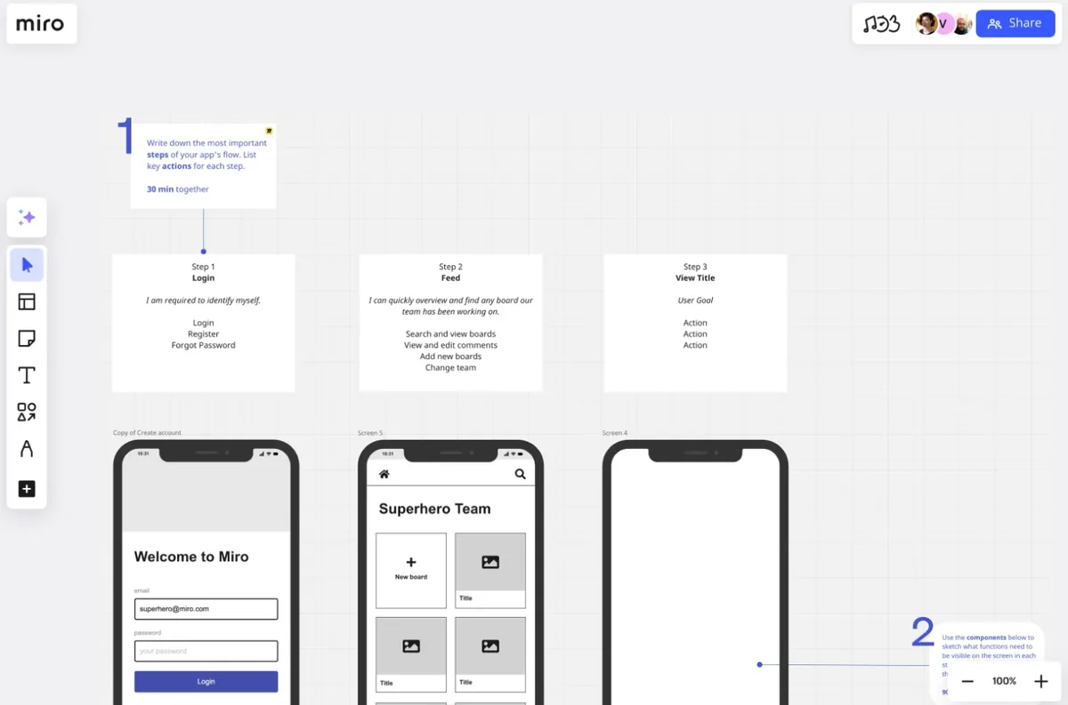 Miro exercise board with Login, Feed and View Title task notes above screen placeholders.