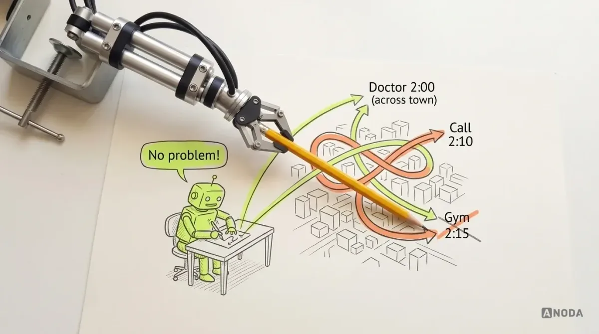 Mixed-media illustration: a drawn lime robot at a desk says “No problem!” while tangled route arrows loop across a drawn city between “Doctor 2:00 (across town)”, “Call 2:10” and “Gym 2:15”; a real steel arm lays a real pencil across the tangle and “Gym 2:15” is struck out.