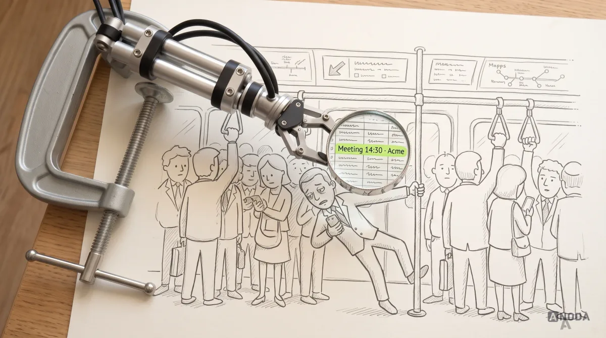 Mixed-media illustration: a drawn, crowded rush-hour train; a tired cartoon salesperson clings to a pole with a phone showing a dense spreadsheet, while a real steel robotic arm holds a real magnifying glass over the phone, enlarging “Meeting 14:30 · Acme”, highlighted in lime.
