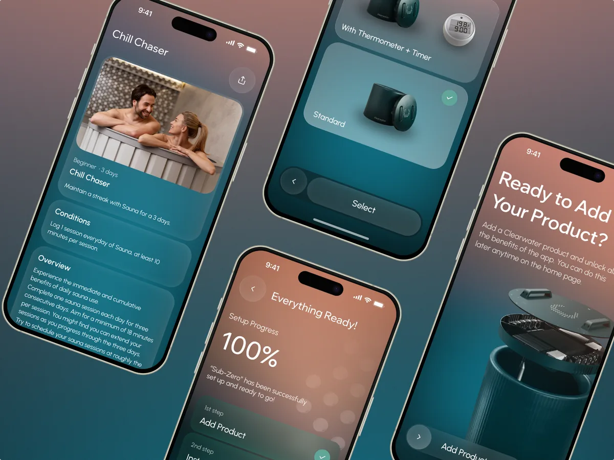 Clearwater mobile app mockups showing a Chill Chaser session, hardware options, product setup, and setup completion.