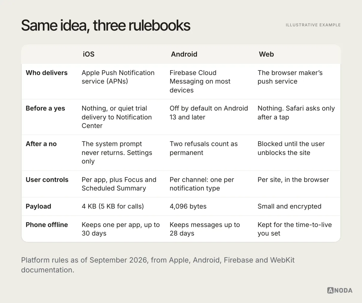 Illustrative example: a table comparing iOS, Android and the web on who delivers the message, what happens before and after the user answers the permission prompt, user controls, payload size and what happens when the phone is offline.