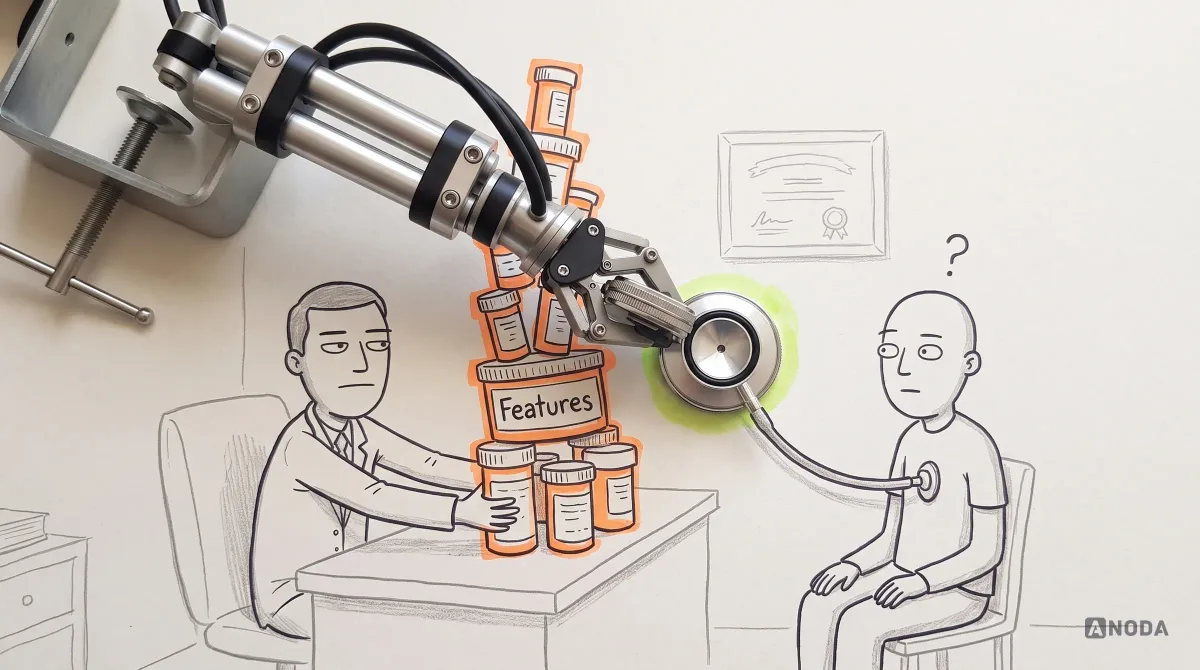 Mixed-media illustration: a drawn doctor pushes a teetering orange stack of pill bottles labelled “Features” across the desk at a puzzled patient, while a real steel arm holds a real stethoscope toward the patient inside a lime glow.