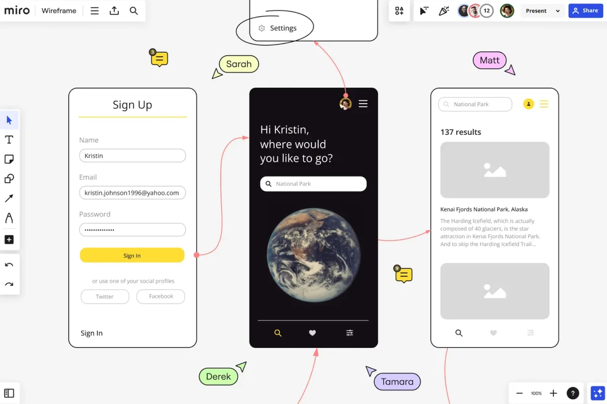 Miro board showing connected registration, search and results screens with collaborator cursors.