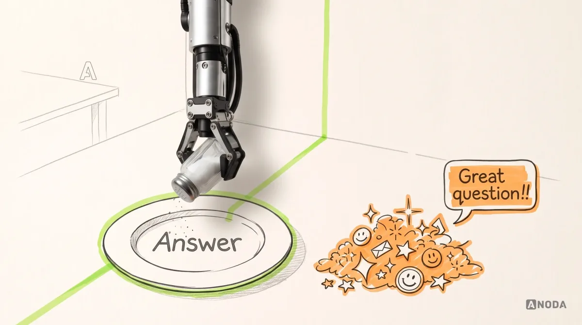 Mixed-media illustration: a drawn plate labelled “Answer” sits empty beside an orange heap of drawn emoji and a bubble reading “Great question!!”; a real steel robotic arm holds a real glass salt shaker over the empty plate.