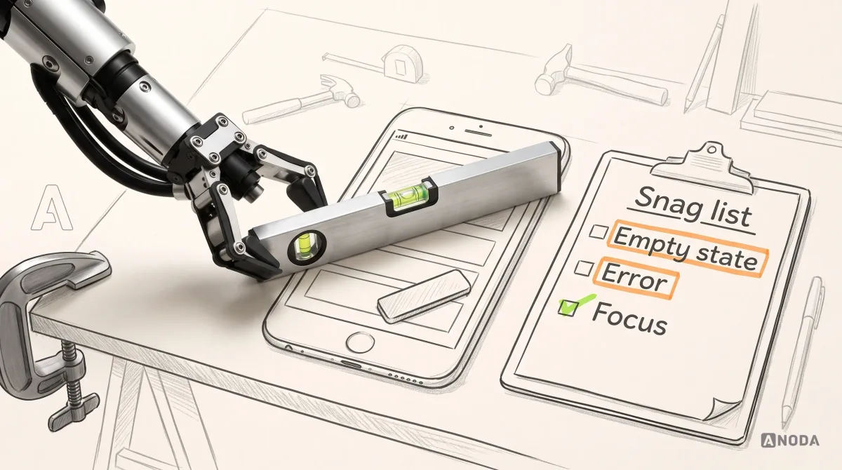 Mixed-media illustration: a drawn app screen sits on a drawn building-site table beside a clipboard titled “Snag list” with the items “Empty state”, “Error” and “Focus”, two of them outlined in orange; a real steel arm lays a real spirit level across the drawn screen, whose bubble sits off-centre over a crooked button.