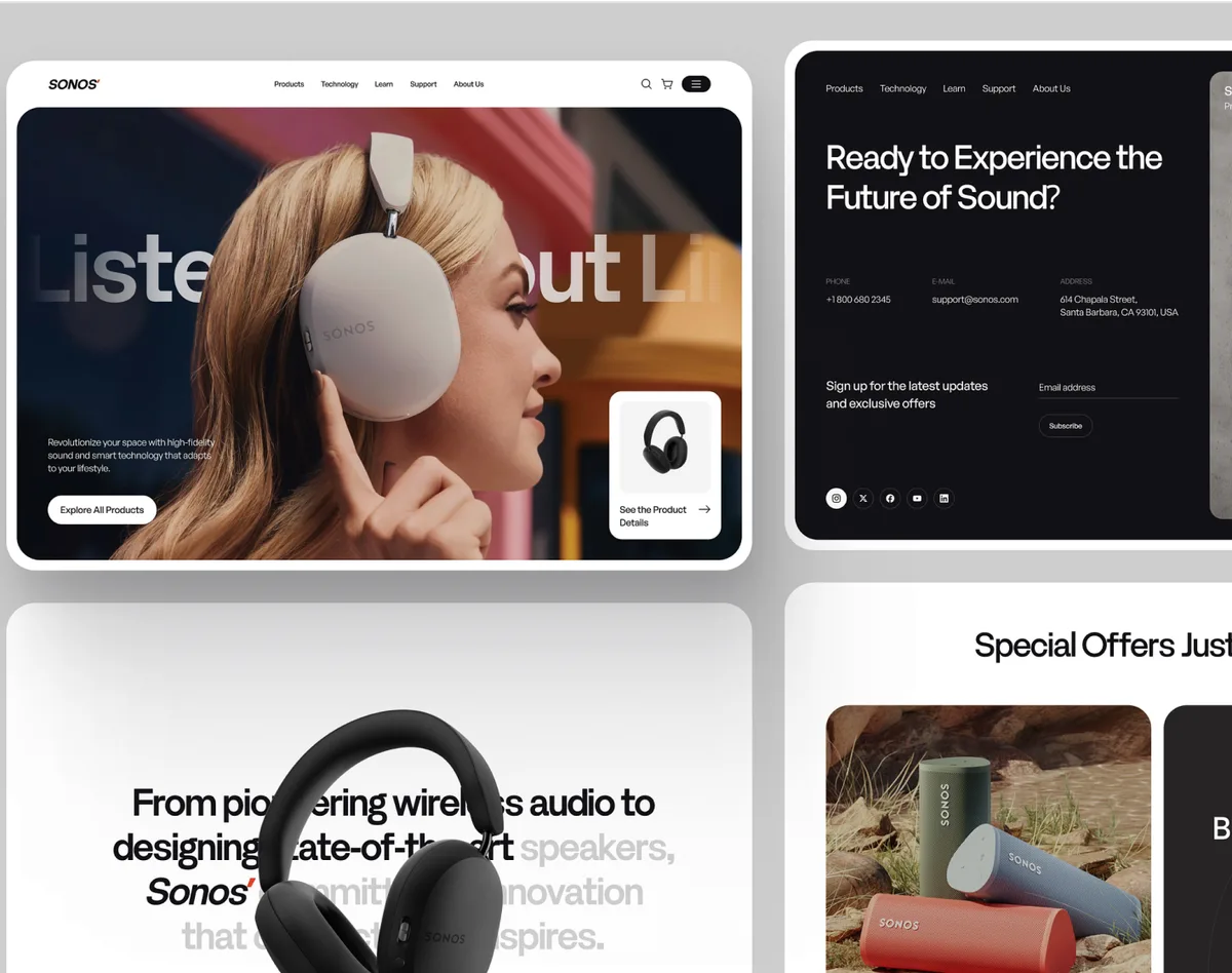 A woman wearing headphones engages with a website focused on UI design best practices.