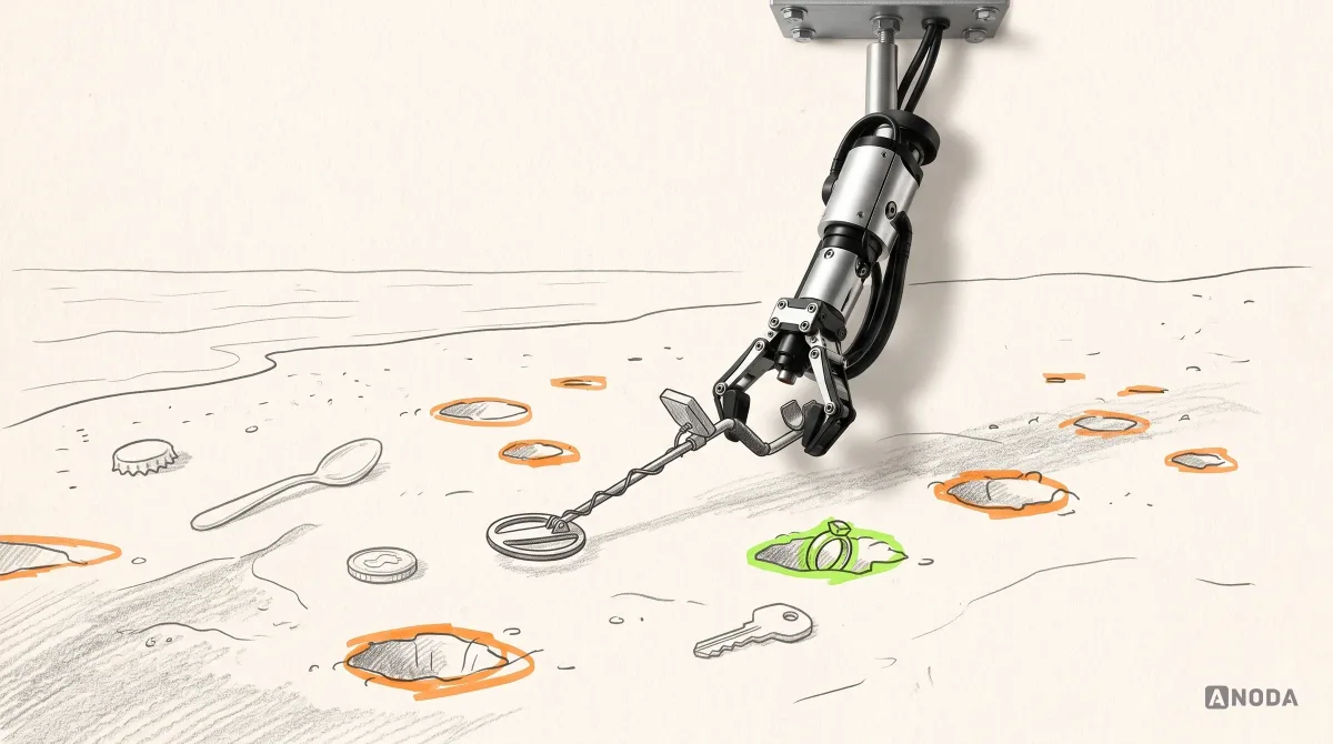 Mixed-media illustration: a real steel arm from the top sweeps a small metal detector over a drawn beach full of orange-circled dug holes and junk — a bottle cap, a spoon, a coin, a key — while a single ring in one hole is marked lime