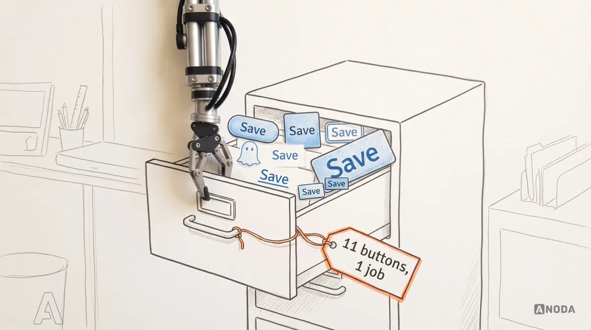 Mixed-media illustration: a real steel robotic arm hanging from the top edge pulls open a drawn drawer packed with drawn buttons that all read “Save” in different shapes, sizes and shades of blue, with an orange tag tied to the handle reading “11 buttons, 1 job”.