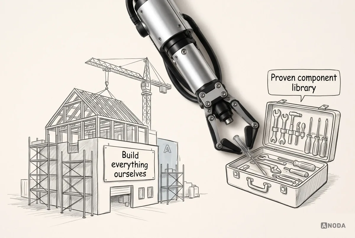 A steel robotic hand lifts a single screwdriver out of an open toolbox labelled ‘Proven component library’, beside a drawn half-built building with scaffolding and a crane under a sign reading ‘Build everything ourselves’.