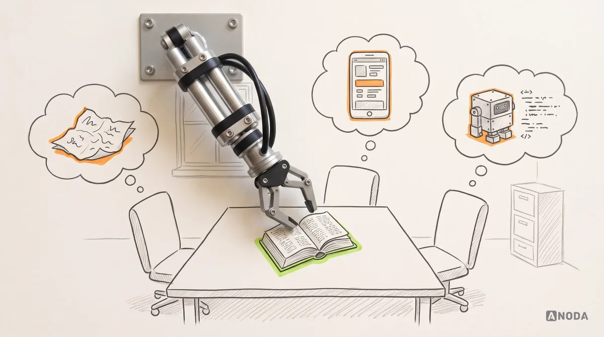 Mixed-media illustration: three empty drawn chairs around a meeting table, each with a thought bubble showing a different idea of a prototype — a napkin sketch, a phone screen and a small robot with code — while a real steel arm lays an open dictionary in the middle of the table