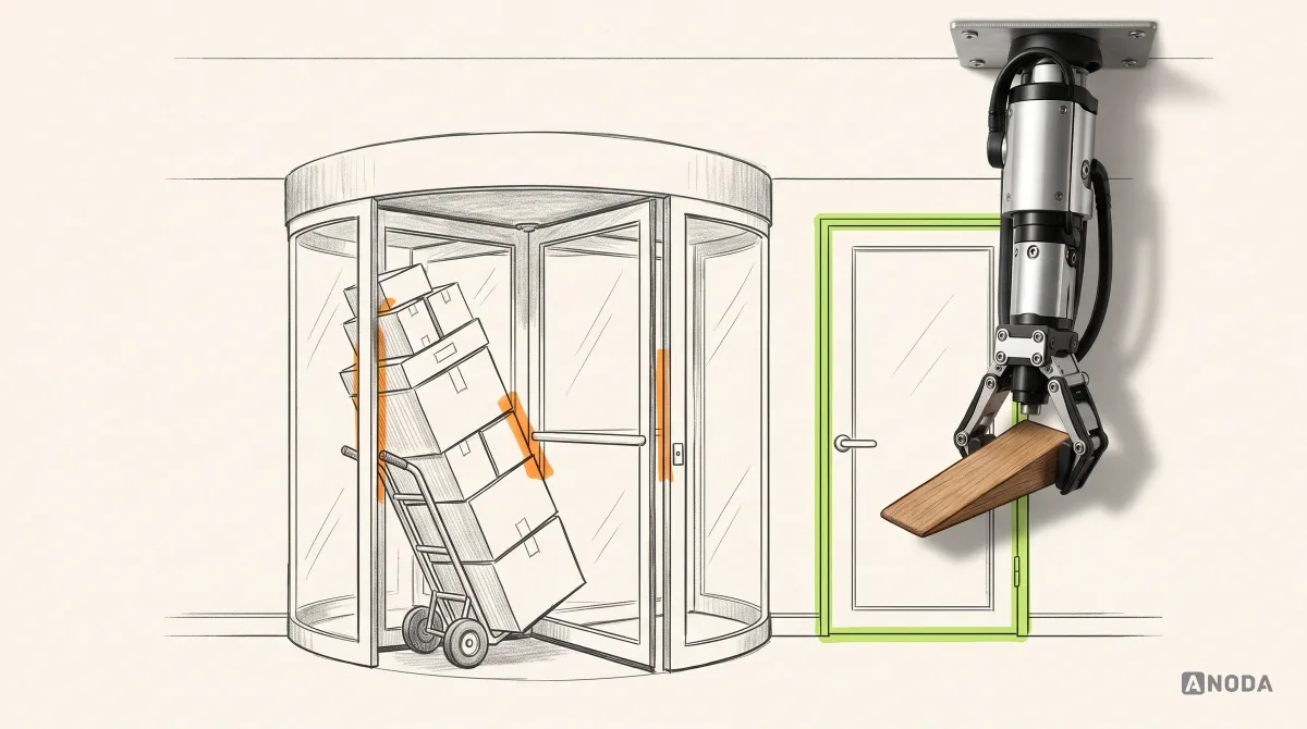 Mixed-media illustration: a drawn hand truck stacked with boxes jammed in a revolving glass door, marked in orange, beside an ordinary side door outlined in lime, while a real steel arm hanging from the top holds a real wooden door wedge.