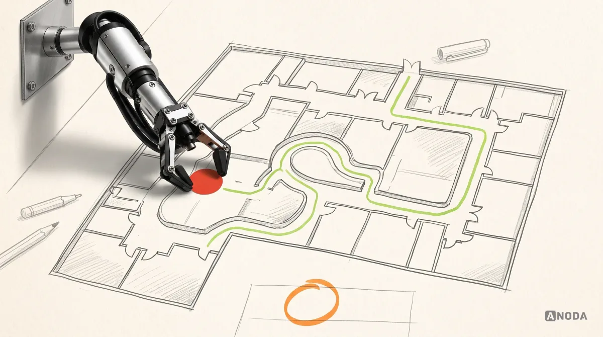 Mixed-media illustration: a real steel arm from the top-left presses a red dot onto a drawn building floor plan that had no “you are here” marker, with a lime route leading away from it and an orange circle around the empty legend