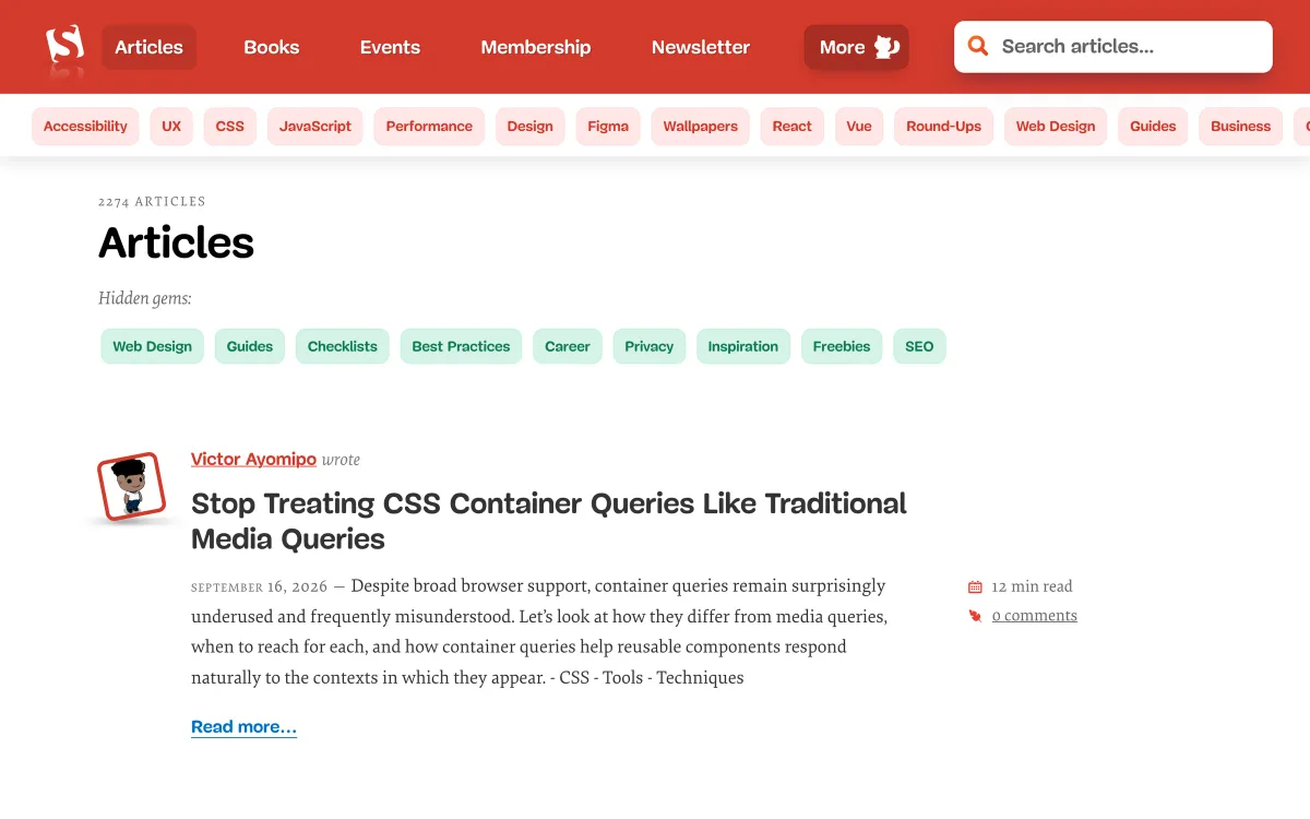 Smashing Magazine article listing: the “Articles” page with topic tags and the latest article on CSS container queries, dated 16 September 2026.