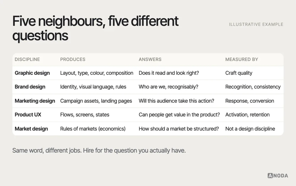 Marketing design versus neighbouring disciplines, illustrative example: a table comparing graphic design, brand design, marketing design, product UX and market design by what each produces, what question it answers and how success is measured — for example marketing design produces campaign assets and landing pages, answers “will this audience take this action?” and is measured by response and conversion.