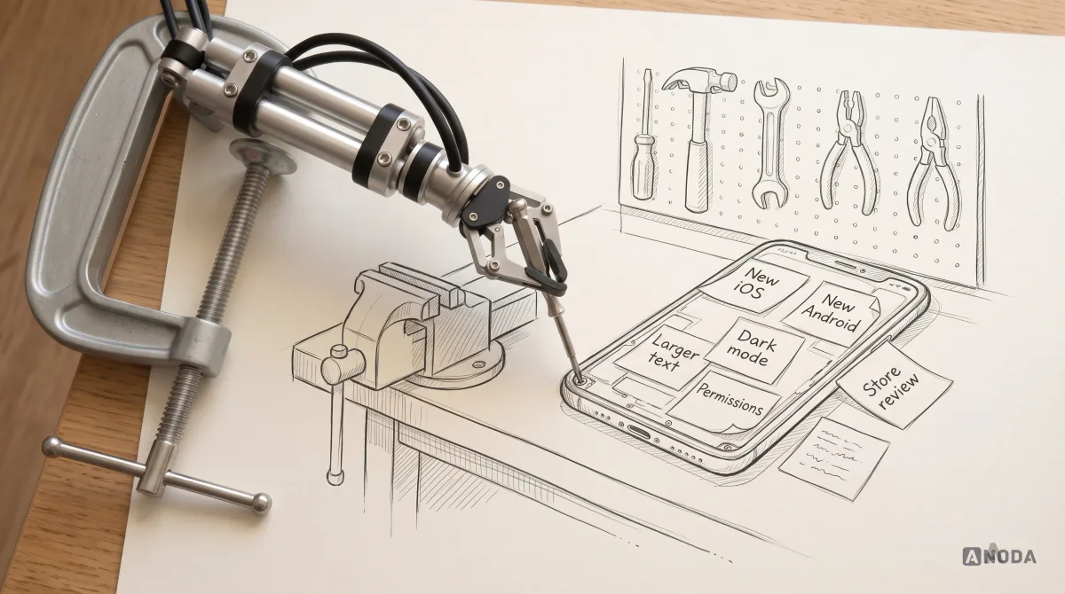 Mixed-media illustration: a drawn smartphone on a workbench covered in drawn sticky notes reading “New iOS”, “New Android”, “Dark mode”, “Larger text”, “Permissions” and “Store review”, while a real steel robotic arm tightens a drawn screw on it with a real small screwdriver.