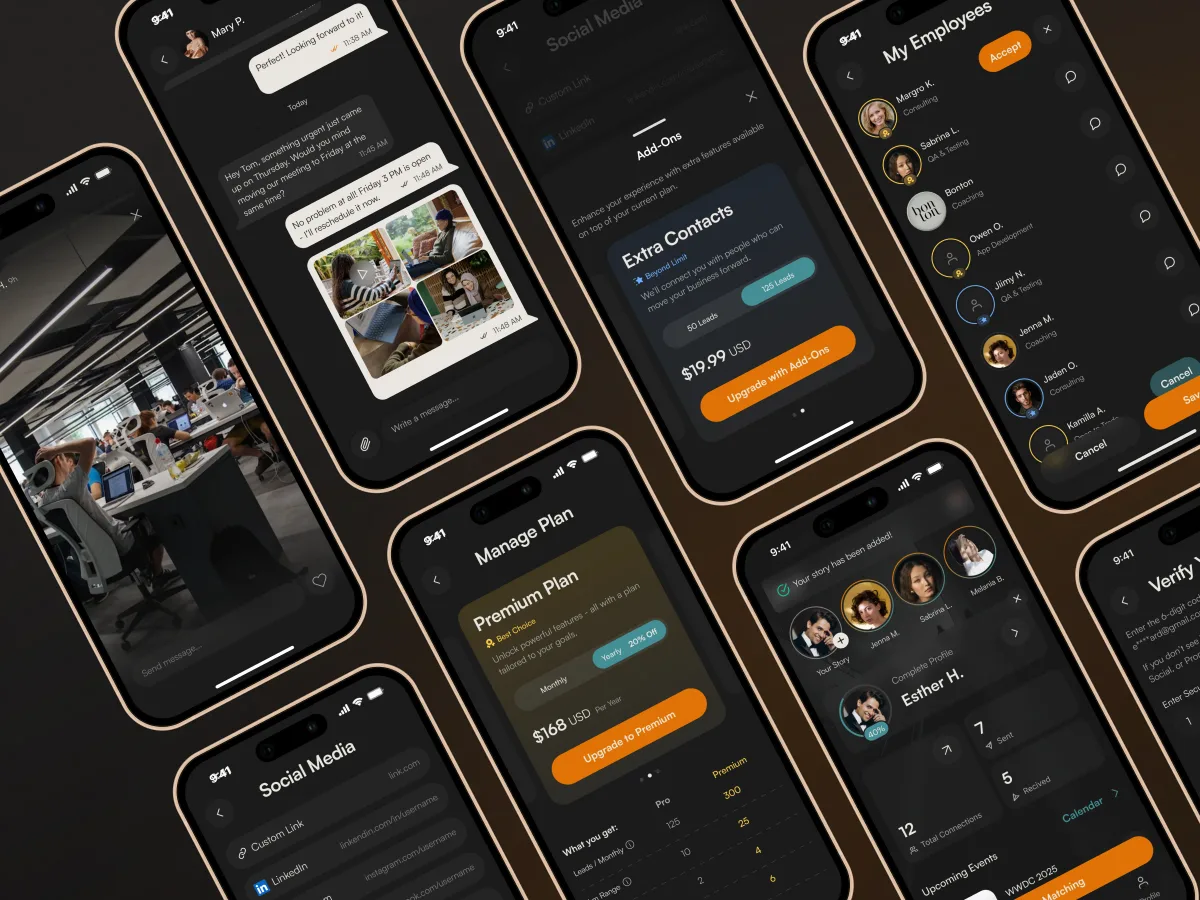 DAP networking app screens in dark mode: chats, plans, employees and matches