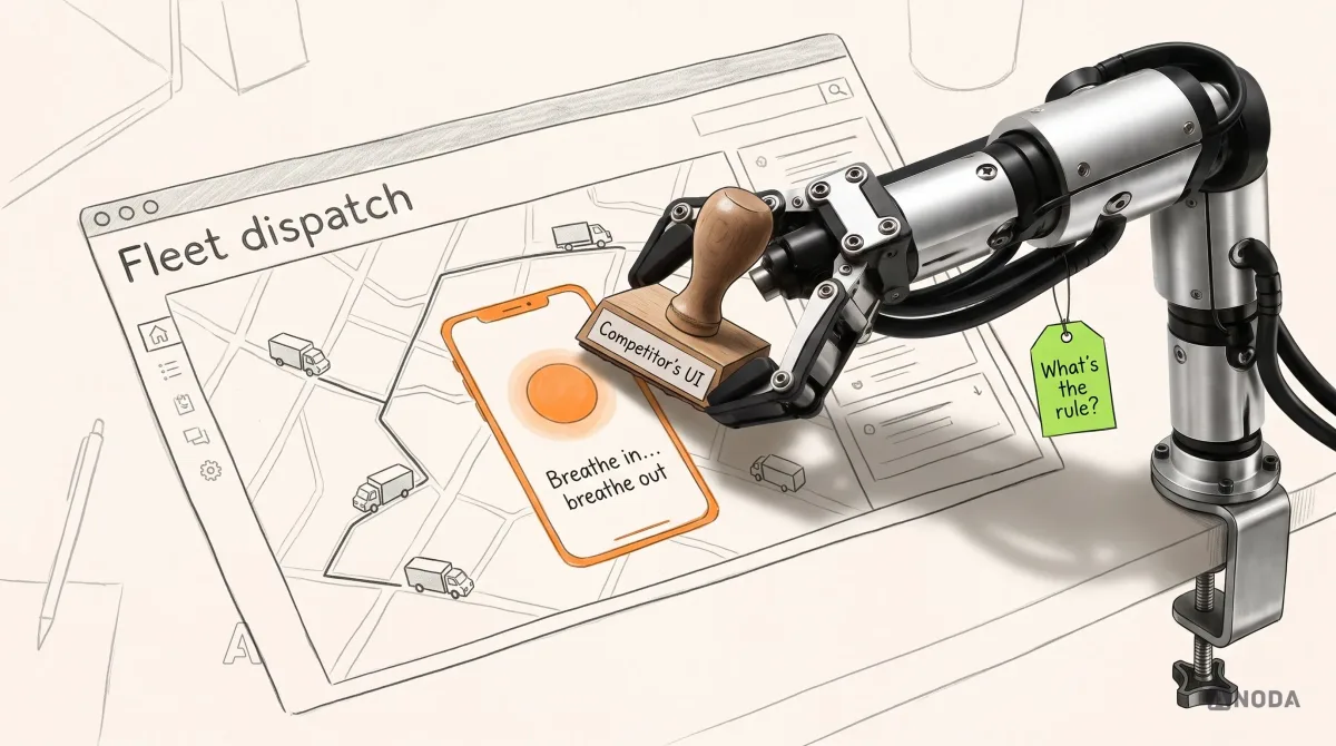 Mixed-media illustration: a real steel robotic arm presses a real rubber stamp, labelled “Competitor’s UI”, onto a drawn dashboard labelled “Fleet dispatch” with a map of delivery trucks, leaving an orange imprint of a meditation app screen reading “Breathe in… breathe out”; a lime tag hanging from the arm reads “What’s the rule?”.
