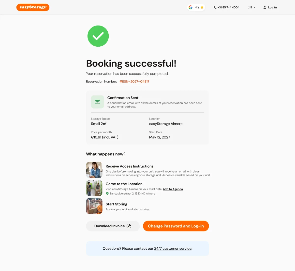 Booking successful: reservation number, confirmation sent with the unit, location, price and start date, what happens now in three steps, Download Invoice, Change Password and Log in, and a link to customer service