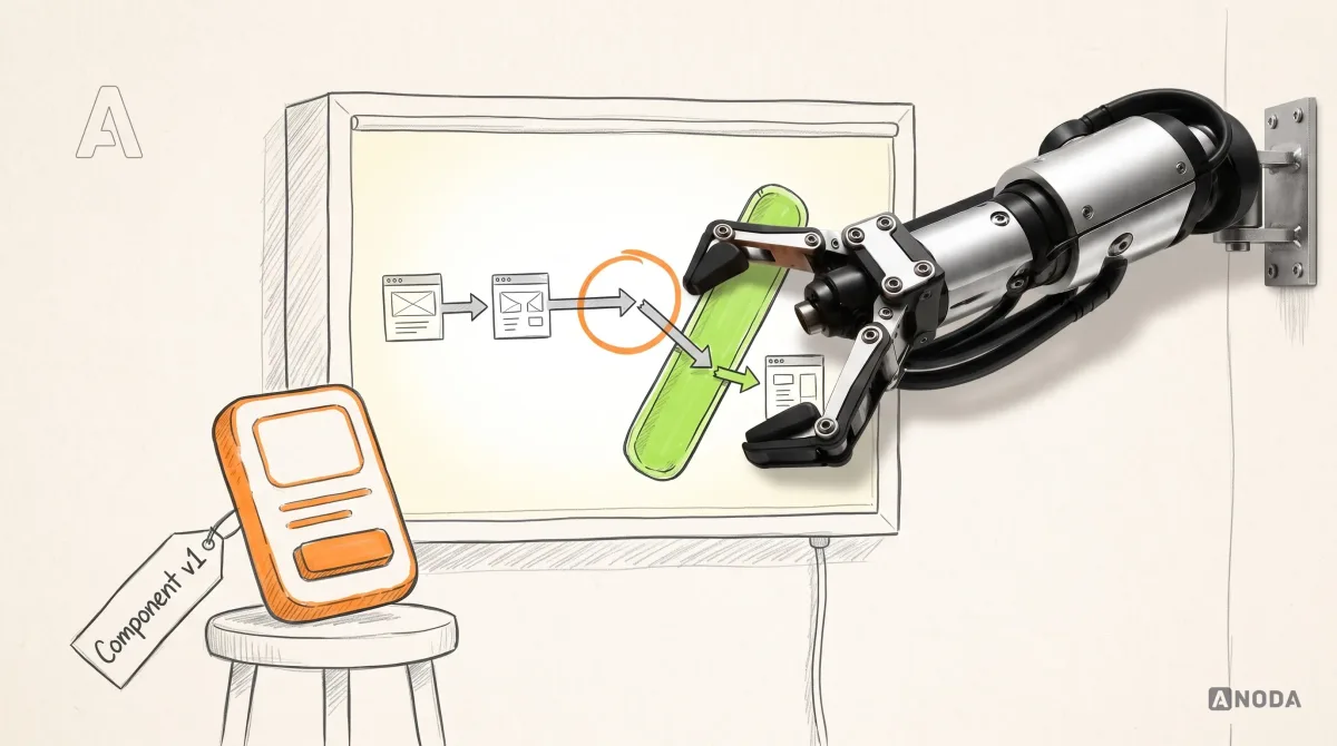 Mixed-media illustration: a drawn user-flow arrow lies bent at a sharp angle on a drawn X-ray lightbox; a real steel robotic arm from the right edge straightens it against a lime splint, while an orange drawn plaster cast labelled “Component v1” waits unused beside it.