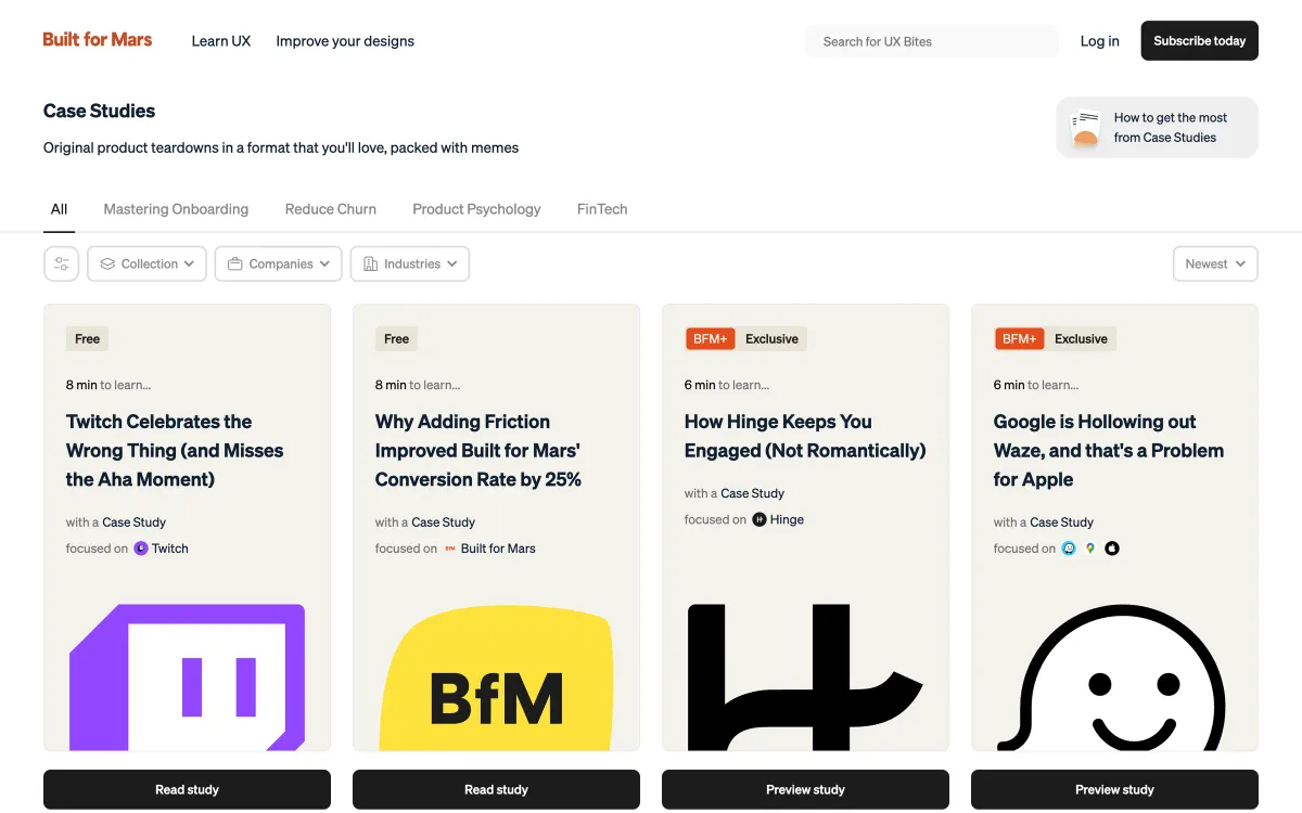 Built for Mars case study listing: cards for UX case studies on Twitch, Hinge, Waze and Built for Mars itself, marked free or exclusive, with filters for onboarding, retention, psychology and fintech.