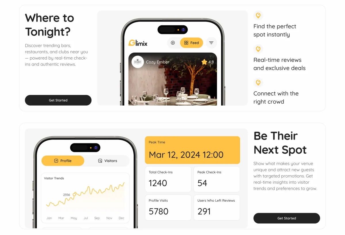 Two landing sections: Where to Tonight with the feed on a phone, and Be Their Next Spot with the venue analytics