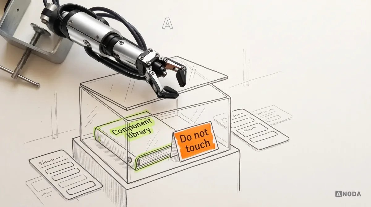 Mixed-media illustration: a drawn glass display case on a plinth holds a pristine binder labelled “Component library” beside an orange sign “Do not touch”, surrounded by drawn app screens assembled from mismatched buttons; a real steel robotic arm clamped at the top-left corner lifts the glass lid off the case.