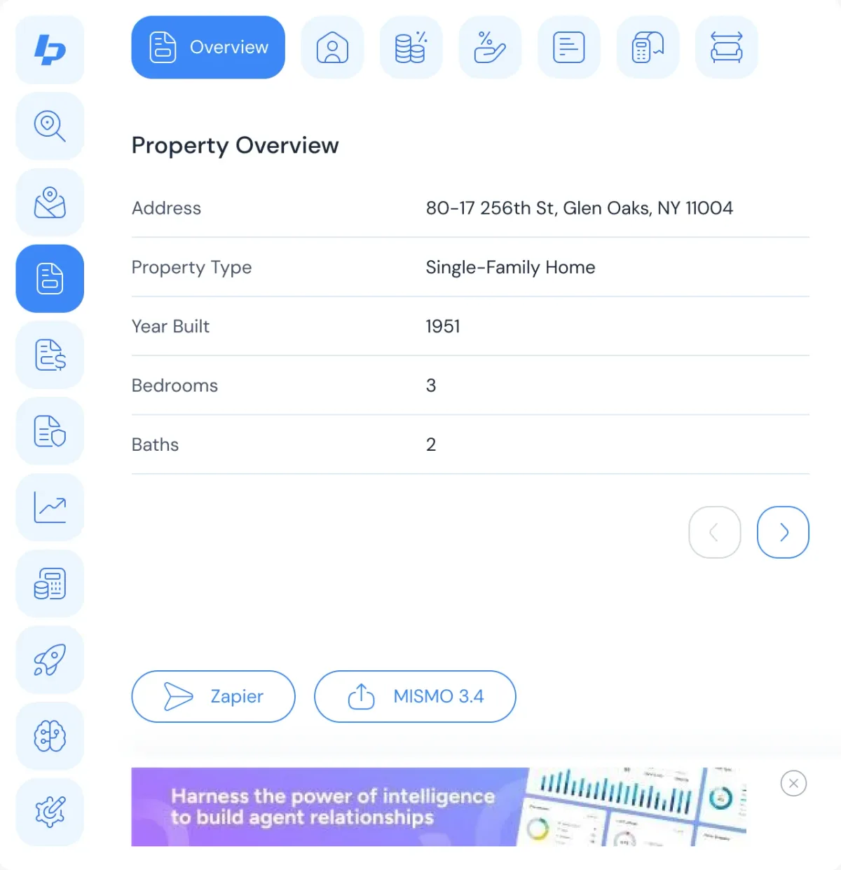 Property overview for the Glen Oaks home: single-family, built 1951, three bedrooms and two baths, with export buttons