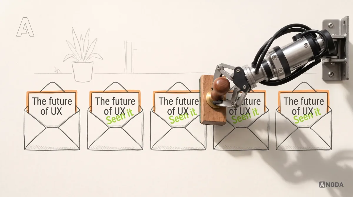 Mixed-media illustration: five drawn open envelopes each hold the same drawn article card reading “The future of UX”, outlined in orange; a real steel arm entering from the right on a wall bracket presses a real rubber stamp that prints “Seen it” in lime.