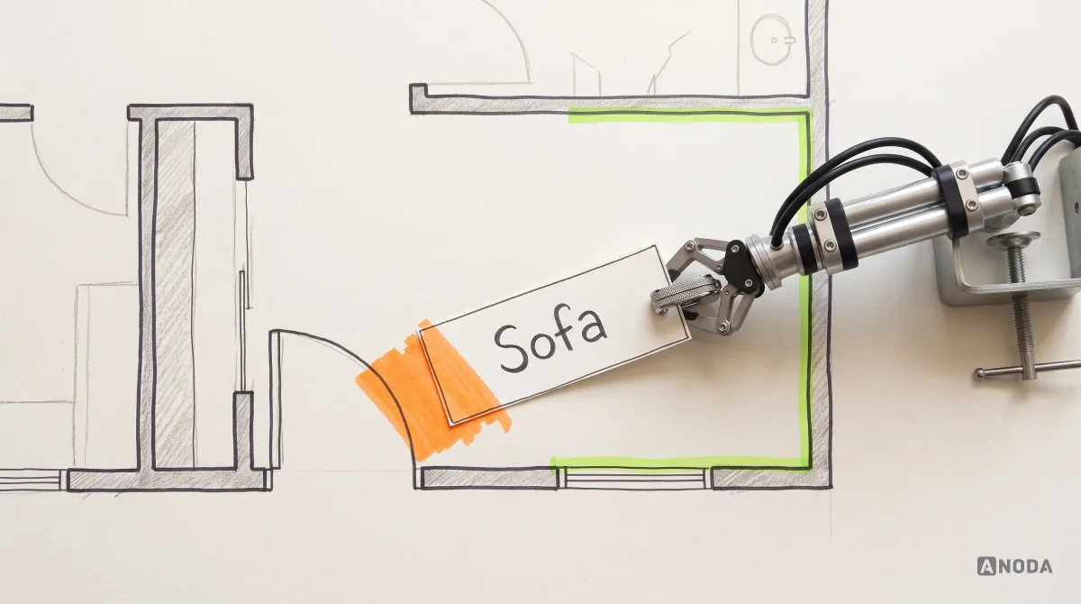 Mixed-media illustration: a drawn apartment floor plan with a door swing arc; a real paper cut-out labelled “Sofa” overlaps the arc in orange, and a real steel arm slides it toward a wall outlined in lime.