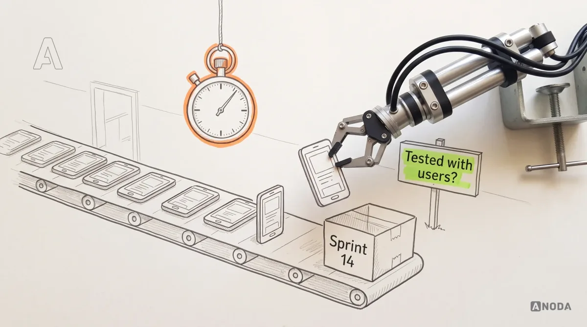 Mixed-media illustration: a drawn conveyor belt carries identical screen mock-ups toward a box labelled “Sprint 14” under a stopwatch outlined in orange; a real steel robotic arm lifts one mock-up off the belt and holds it up to a lime sign reading “Tested with users?”.