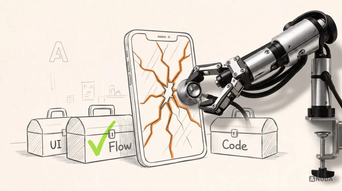 Mixed-media illustration: a drawn cracked app screen stands on paper between three drawn toolboxes labelled “UI”, “Flow” and “Code”; a real steel arm holds a real stethoscope against the screen, and the “Flow” toolbox is ticked in lime while the crack is outlined in orange.