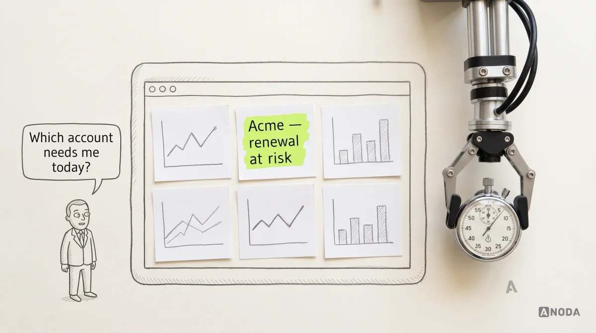 Mixed-media illustration: a paper prototype of a dashboard made of real cut paper cards laid on a table, a small drawn manager beside it asking “Which account needs me today?”, and a real steel arm holding a real mechanical stopwatch; one paper card reading “Acme — renewal at risk” is highlighted in lime.