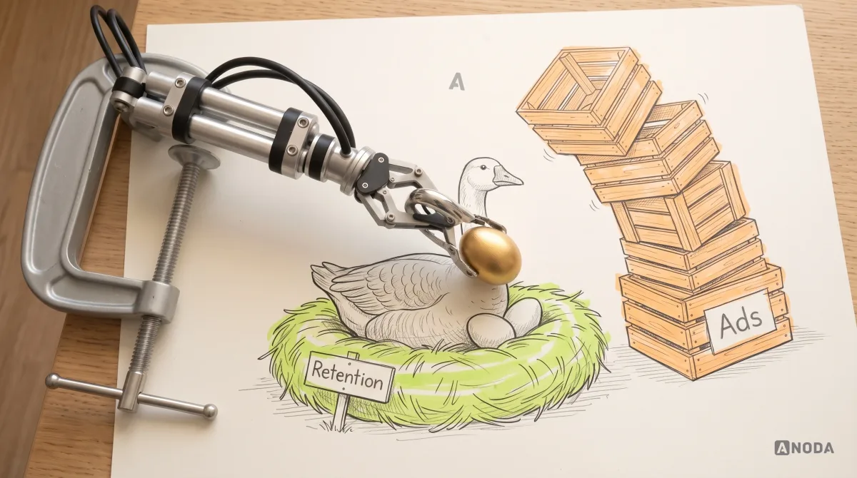 Mixed-media illustration: a drawn goose sits on a drawn nest labelled “Retention” beside a tall drawn stack of crates marked “Ads”, highlighted in orange; a real steel robotic arm carefully places a real small golden egg back into the nest.
