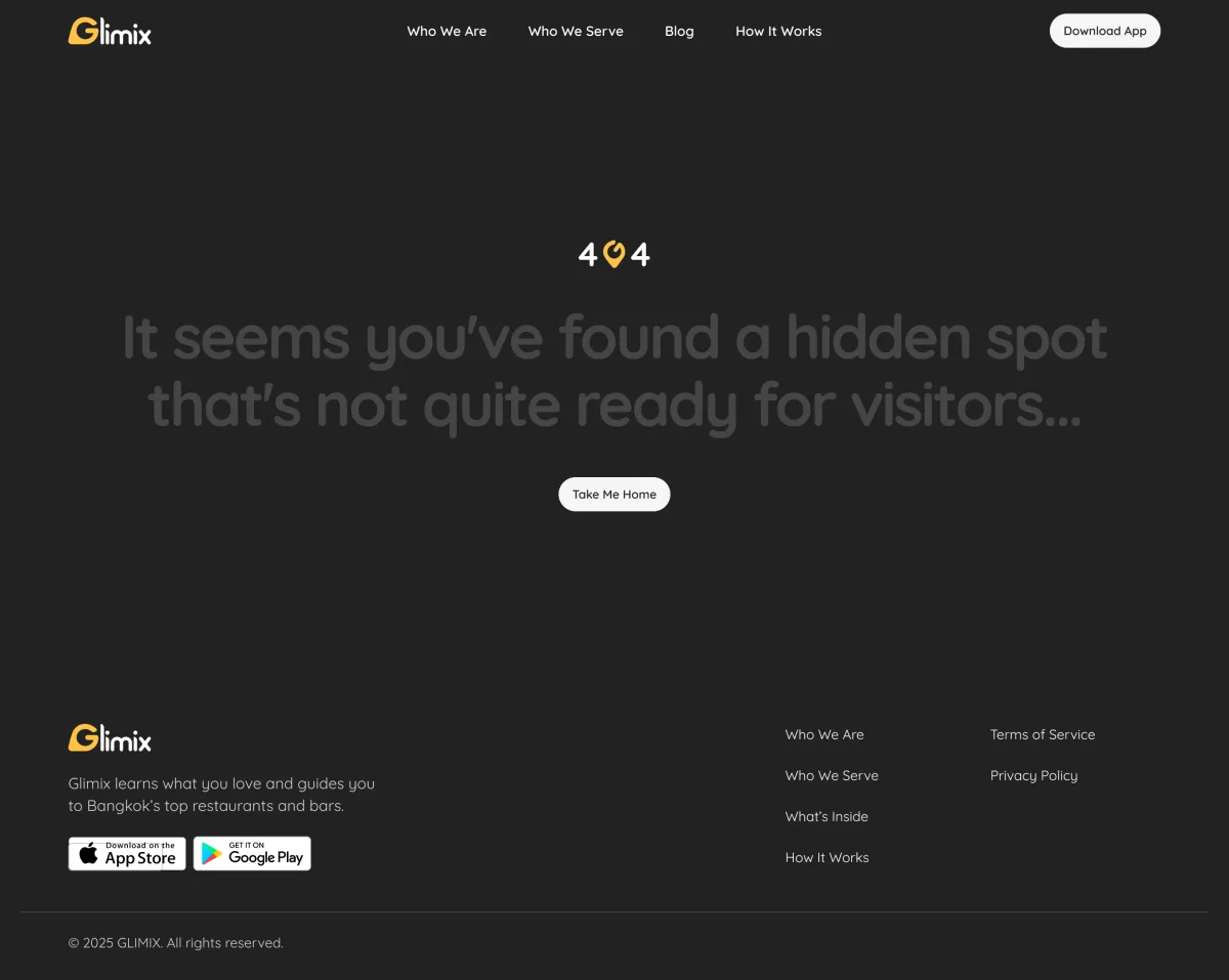 Glimix 404 page on charcoal: a message about a hidden spot not ready for visitors and a button back
