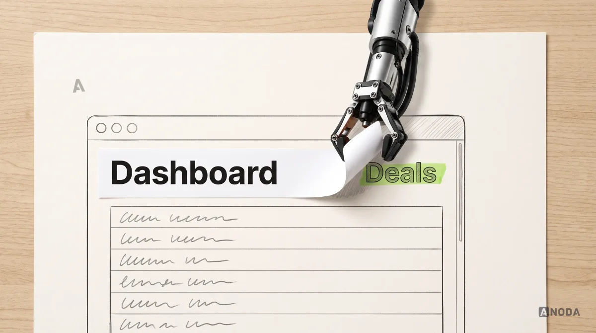 Mixed-media illustration: a real steel robotic arm peels a printed paper sticker reading "Dashboard" off the title bar of a drawn web app window, revealing the drawn word "Deals" underneath; inside the window is a plain drawn list of deal rows with no charts.