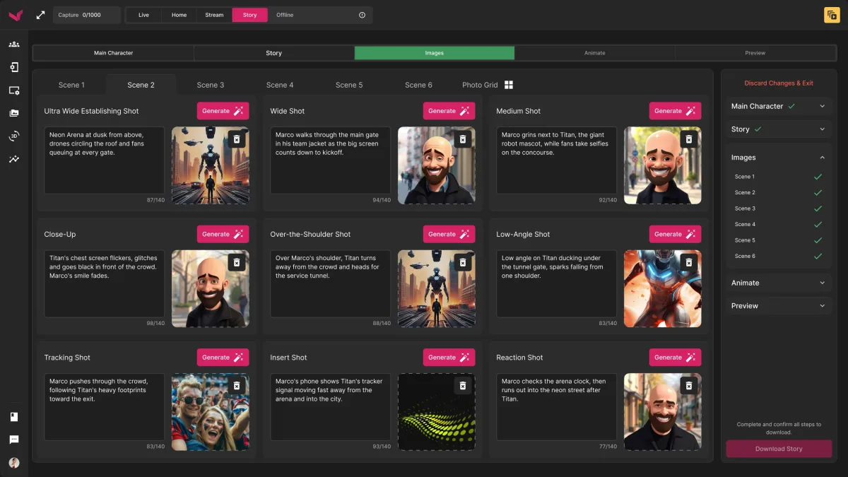 Images step, scene 2: nine shots, each with a shot type, prompt and reference image