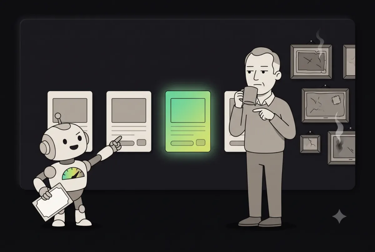 An AI robot confidently pointing at the wrong design option while the senior designer, not even looking, picks the right one, in front of a wall of framed past failures