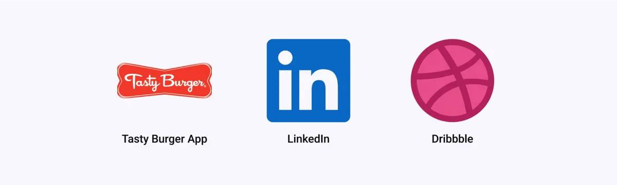 Logos for Tasty Burger App, LinkedIn, and Dribbble, the interface examples discussed below.