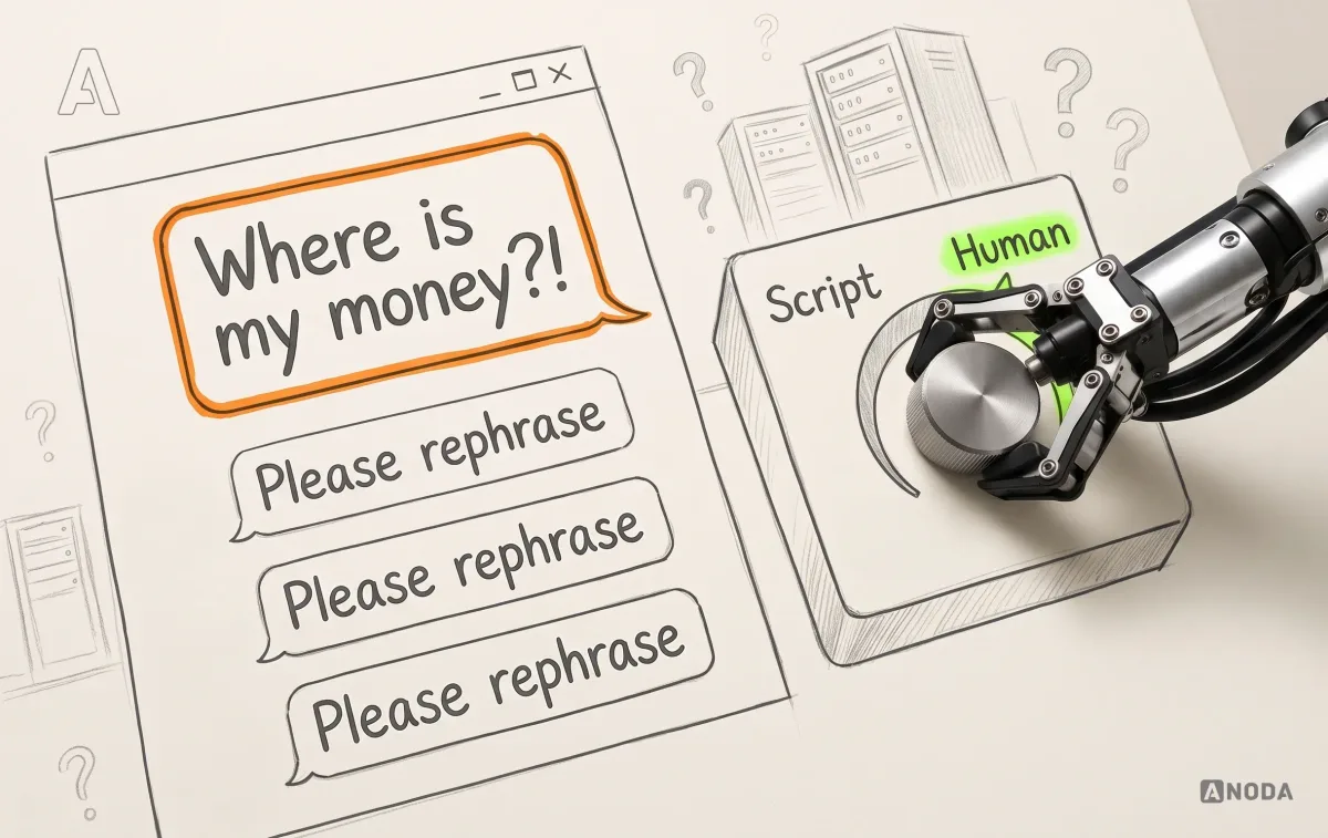Mixed-media illustration: a drawn chat window shows an angry bubble “Where is my money?!” outlined in orange above three identical drawn bot replies “Please rephrase”; beside it a real steel robotic arm turns a dial on a drawn control box from “Script” to “Human”, which glows lime.