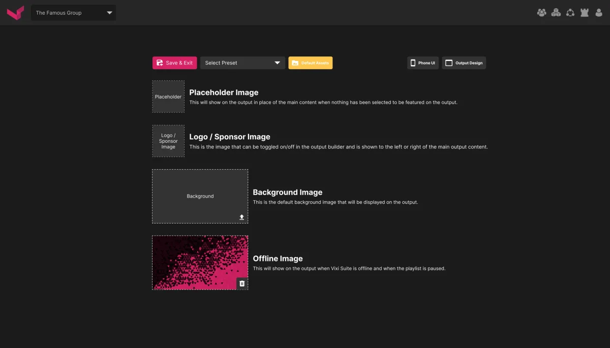 Default assets: placeholder, logo and sponsor, background and offline images, each with when it shows
